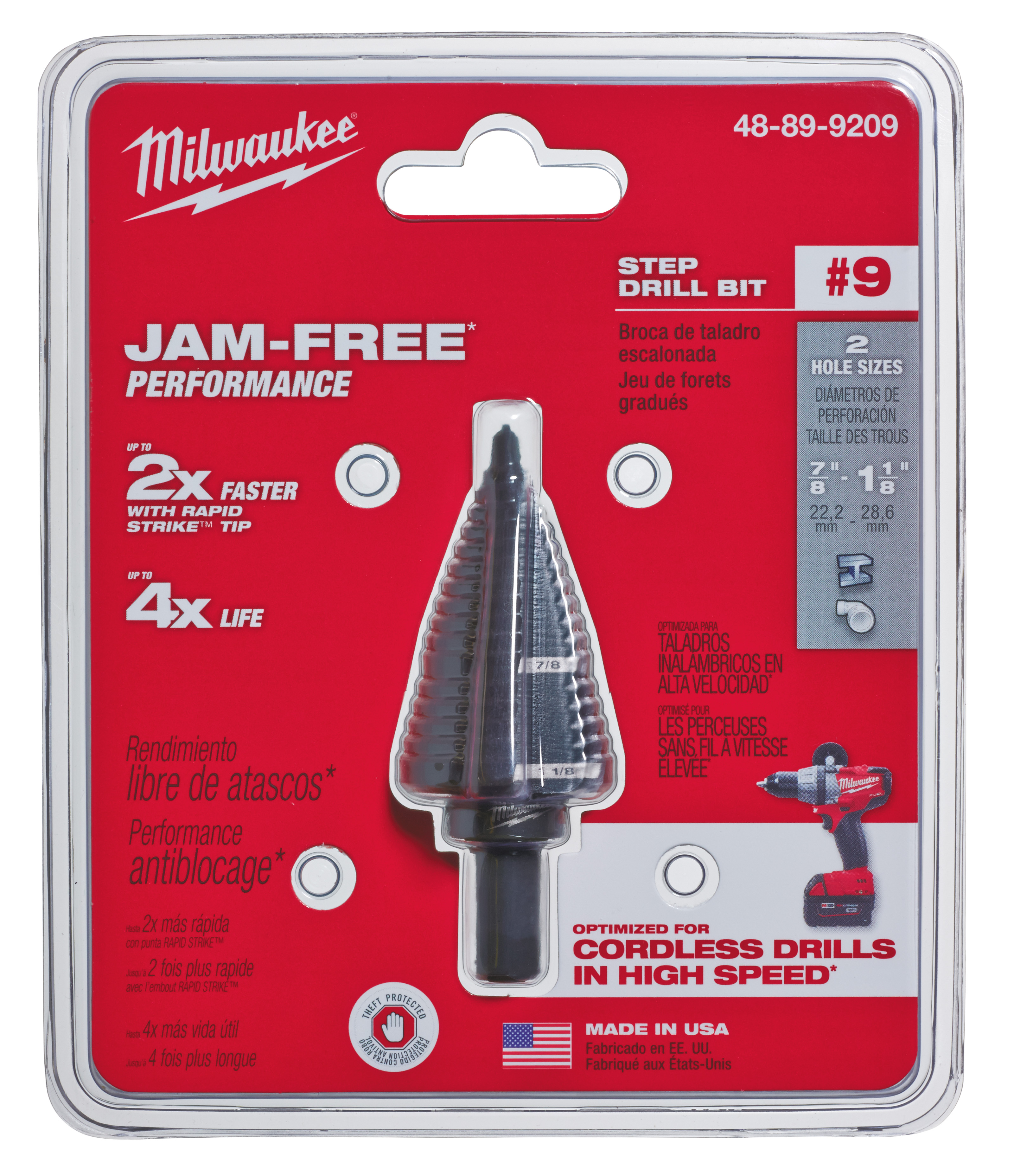 Milwaukee® step drill bits with jam-free performance feature a dual-flute design delivering up to 2X faster hole times, up to 4X longer life and up to 50% more holes per battery charge than the competition. Ideal for drilling large and small-diameter holes in steel and plastic, these bits are optimized for cordless drills in high speed. The Rapid Strike™ tip allows for fast, accurate starts that generate less heat, resulting in longer bit tip life. Black oxide coating also enhances durability, hole quality and bit life. For user convenience and accuracy, each bit has laser-engraved reference marks you can see while drilling. The 3-flat Secure-Grip™ shank ensures a solid connection with the drill chuck. The #9 step drill bit has 2 hole sizes: 7/8 in. and 1-1/8 in.. jam-free performance in high speed with most professional 18 Volt cordless drills with lithium-ion battery technology.