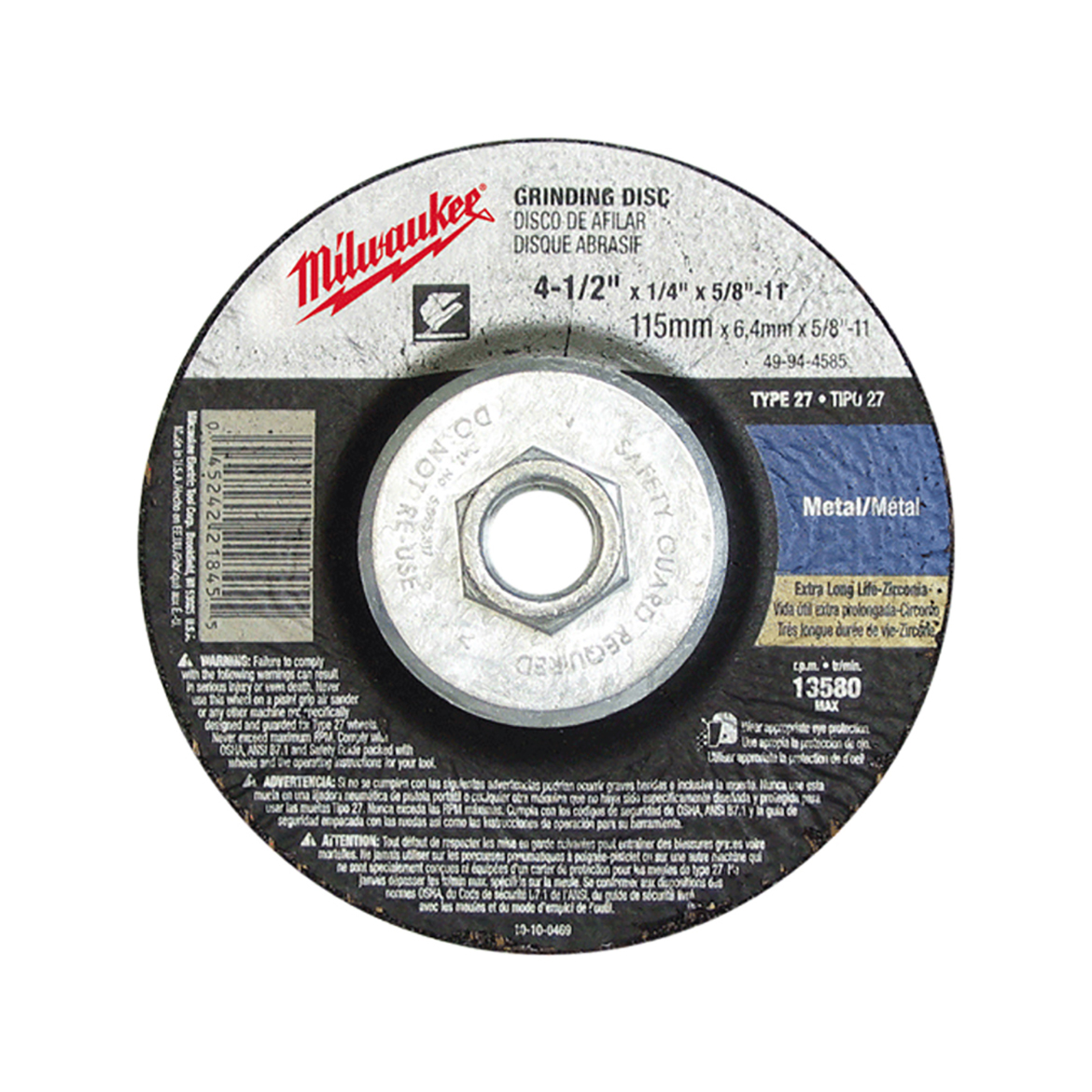 49-94-9735 045242219186 Milwaukee's comprehensive offering of grinding and cutting wheels consists of 45 unique products ranging in diameters from 4-1/2 in. to 14 in., with arbor configurations of 7/8 in., 20 mm, 1 in. and 5/8 in. to 11. Milwaukee's abrasive offering is manufactured using 3 types of abrasive grains, aluminum oxide, silicon Carbide and zirconia alumina, providing products for general purpose to specialized high performance applications.