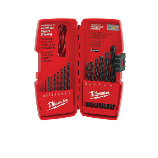 The 15-piece Thunderbolt® black oxide drill bit set offers convenience and heavy-duty performance on the jobsite. Milwaukee® Thunderbolt black oxide drill bits are designed for extreme durability and long life. The thunderbolt web features a thicker core than a standard drill bit to provide ultimate strength and protect against side-load breakage. A specially designed parabolic flute form clears chips fast, while the 3-flat Secure-Grip™ shank holds the bit firmly in the drill chuck. The 135° split point tip delivers a precision start and prevents walking for fast, accurate holes. Effective for drilling on curved surfaces, Milwaukee thunderbolt black oxide bits require less effort to drill through metal, wood and PVC, and are highly recommended for use with portable drills. The set comes in a resilient case and includes bit sizes 1/16 in., 5/64 in., 3/32 in., 7/64 in., 1/8 in., 9/64 in., 5/32 in., 11/64 in., 3/16 in., 13/64 in., 7/32 in., 1/4 in., 9/32 in., 5/16 in., and 3/8 in.