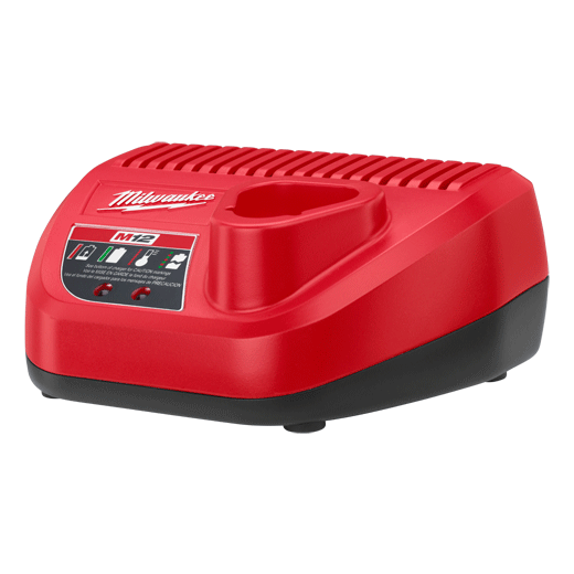 The Milwaukee M12™ battery charger is designed for use with both M12™ Red Lithium™ and M12™ lithium-ion batteries. The charger directly communicates with the battery pack monitoring individual cell voltage, temperature, and status. The on-board indicator lights show the status of the battery. This charger uses an AC wall plug, an M12™ AC/DC charger is also available (2510-20).