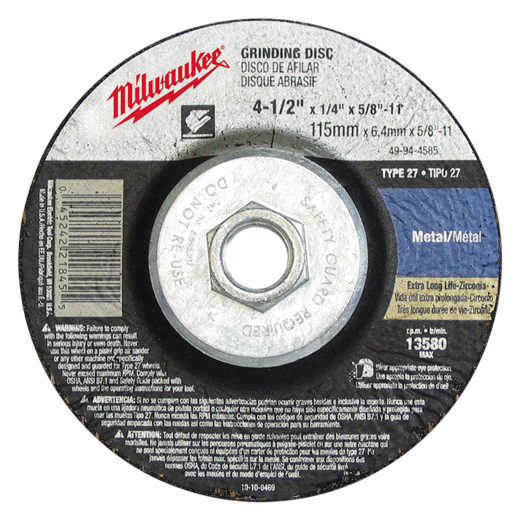 49-94-7085 045242218318 Milwaukee grinding and cutting wheels are manufactured to the highest quality using premium materials. Milwaukee has a comprehensive offering providing products for general purpose to specialized high performance applications to satisfy all end user needs.