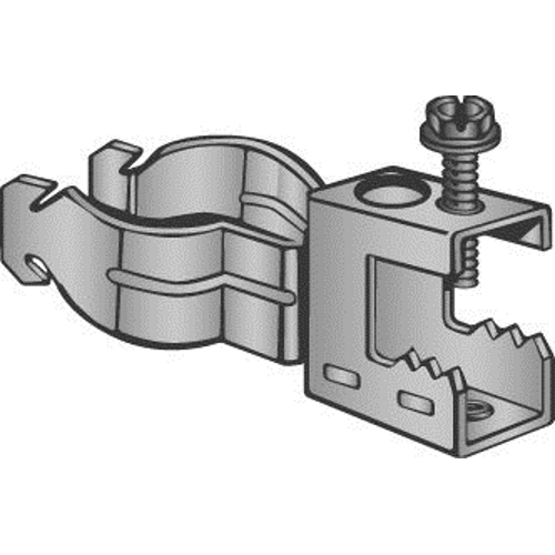 Set Screw Beam Clamp and Push In Conduit Clip (Back Mount) Assembly, Beam Clamp Fits up to 1/2" Flange & Conduit Clip Fits 3/4" EMT & 1/2" Rigid/IMC, Spring Steel