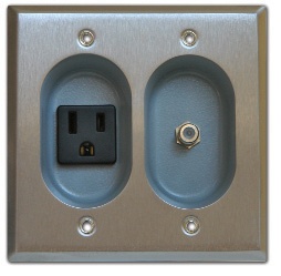 Mulberry; Wallplate; Size: 4.5625 IN Width X 4.500 IN Height; Gang: 2; Cutout: (1) Plug In Receptacle, (1) F Type Connector; Material: Metal; Color: Smooth White; Amperage Rating: 15 AMP