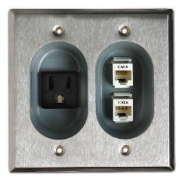 Mulberry; Wallplate; Size: 4.5625 IN Width X 4.500 IN Height; Cutout: (1) Plug In Receptacle, (2) Cat 6 Connector; Gang: 2; Material: Metal; Color: Smooth Ivory; Amperage Rating: 15 AMP