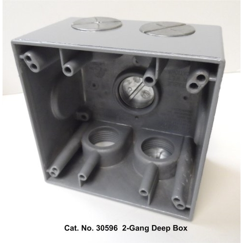 Mulberry; Weatherproof Box; Two Gang Deep; Number Of Outlet: 5; Material: 094 IN Heavy Duty Die Cast Aluminum; Size: 4.500 IN Width X 4.500 IN Length X 2.625 IN Depth; Color: Gray; Mounting: Detachable Lug; Cubic Capacity: 37.300 CU-IN; Outlets/location: (2) Each End, (1) Back; Hub Size: 1 IN