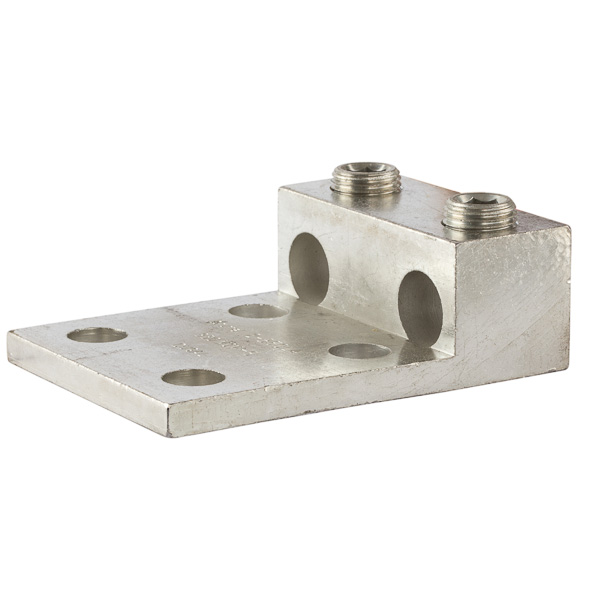 2 Port Aluminum Dual Rated Transformer Lug 350 MCM - 6 AWG - 4 Mounting Holes Aluminum Dual Rated Transformer Lugs are versatile and reuseable set screw connectors made of 6061T-6 aluminum alloy for superior electrical and mechanical performance. Two set screws per wire hole ensure an exceptional connection. Electro-tin plated for low resistance. For use with copper or aluminum conductors. Mounting hole spacing is NEMA 1-3/4