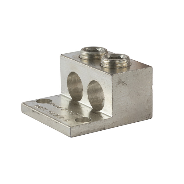 2 Port Aluminum Dual Rated Transformer Lug 350 MCM - 6 AWG - 2 Mounting Holes Aluminum Dual Rated Transformer Lugs are versatile and reuseable set screw connectors made of 6061T-6 aluminum alloy for superior electrical and mechanical performance. Two set screws per wire hole ensure an exceptional connection. Electro-tin plated for low resistance. For use with copper or aluminum conductors. Mounting hole spacing is NEMA 1-3/4