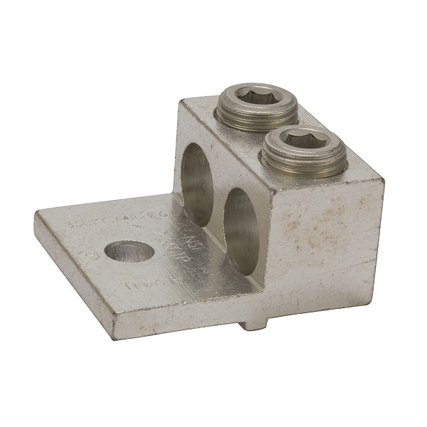 Dual Rated Turn Prevent Lug (2) 350 MCM - 6 AWG Dual Rated Turn Prevent Lugs are made of 6061T-6 aluminum alloy. Electro-tin plated for low contact resistance. For use with both copper and aluminum conductors. Rated 600V (2000V max. per UL486B). UL 486A/B Listed. Temperature Rating 90 degrees C.