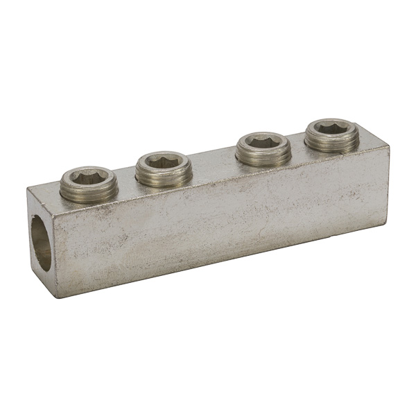Aluminum Splicer Reducer 250 MCM - 6 AWG Aluminum Splicer Reducers are used for splicing two copper or aluminum wires of equal or different sizes. Made of 6061T-6 aluminum alloy. Electro-tin plated for low contact resistance. Suitable for use with both copper and aluminum conductors. Rated 600 volts (2000V max. per UL486B). UL 486A/B Listed. Temperature rating 90 degrees C.
