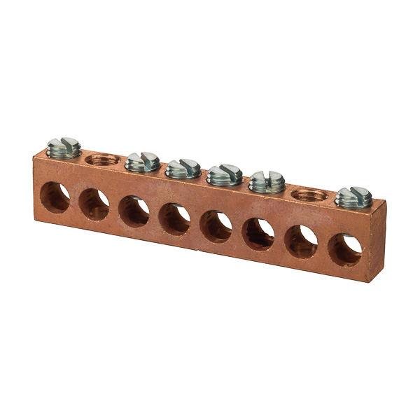 Copper Multiple Connector 2-14 AWG 8 Hole Copper multiple connectors are made copper and can be used ina variety of neutral and grounding applications.Tin plated forlow contact resistance and are suitable foruse with copper wire only.