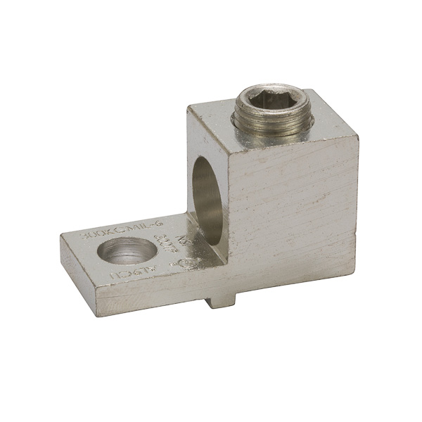 Dual Rated Turn Prevent Lug 300 MCM - 6 AWG Dual Rated Turn Prevent Lugs are made of 6061T-6 aluminum alloy. Electro-tin plated for low contact resistance. For use with both copper and aluminum conductors. Rated 600V (2000V max. per UL486B). UL 486A/B Listed. Temperature Rating 90 degrees C.