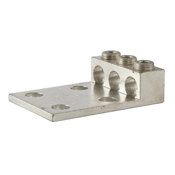 3 Port Aluminum Dual Rated Transformer Lug 350 MCM - 6 AWG with 4 Mounting Holes Aluminum Dual Rated Transformer Lugs are versatile and reuseable set screw connectors made of 6061T-6 aluminum alloy for superior electrical and mechanical performance. Two set screws per wire hole ensure an exceptional connection. Electro-tin plated for low resistance. For use with copper or aluminum conductors. Mounting hole spacing is NEMA 1-3/4