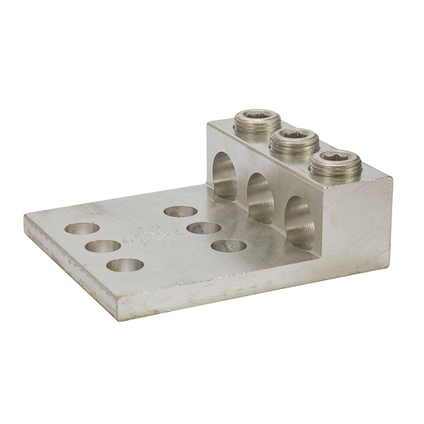 3 Port Panelboard Lug 600 MCM - 2 AWG Panelboard style for multi-conductor with NEMA mounting hole spacing for turn prevent and secureness. Made of 6061T-6 aluminum alloy. Electro-tin plated for low contact resistance. For use with copper or aluminum conductors. Rated 600 volts (2000V max per UL486B). UL 486A/B Listed. Temperature rating 90 degrees C. All hole spacing is NEMA standard of 1.750