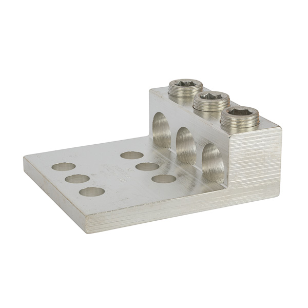 3 Port Panelboard Lug 800 MCM - 350 MCM Panelboard style for multi-conductor with NEMA mounting hole spacing for turn prevent and secureness. Made of 6061T-6 aluminum alloy. Electro-tin plated for low contact resistance. For use with copper or aluminum conductors. Rated 600 volts (2000V max per UL486B). UL 486A/B Listed. Temperature rating 90 degrees C. All hole spacing is NEMA standard of 1.750