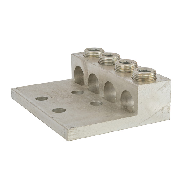 4 Port Panelboard Lug 1000 MCM - 500 MCM Large size set screw connectors with multiple mounting holes for a secure, turn-prevent connection. Made of 6061T-6 aluminum alloy. Tin plated for low contact resistance. For use with copper or aluminum conductors. 600V (2000V max, per UL486B). UL 486A/B Listed. Temperature rating 90 degrees C. All hole spacing is NEMA standard of 1.75