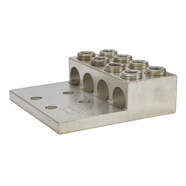 4 Port Double Set Screw Panelboard Lug 1000 MCM - 500 MCM Large size set screw connectors with multiple mounting holes for a secure, turn-prevent connection. Made of 6061T-6 aluminum alloy. Tin plated for low contact resistance. For use with copper or aluminum conductors. 600V (2000V max, per UL486B). UL 486A/B Listed. Temperature rating 90 degrees C. All hole spacing is NEMA standard of 1.75