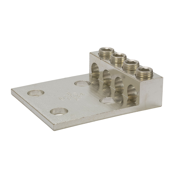 4 Port Panelboard Lug 250 MCM - 6 AWG Large size set screw connectors with multiple mounting holes for a secure, turn-prevent connection. Made of 6061T-6 aluminum alloy. Tin plated for low contact resistance. For use with copper or aluminum conductors. 600V (2000V max, per UL486B). UL 486A/B Listed. Temperature rating 90 degrees C. All hole spacing is NEMA standard of 1.75