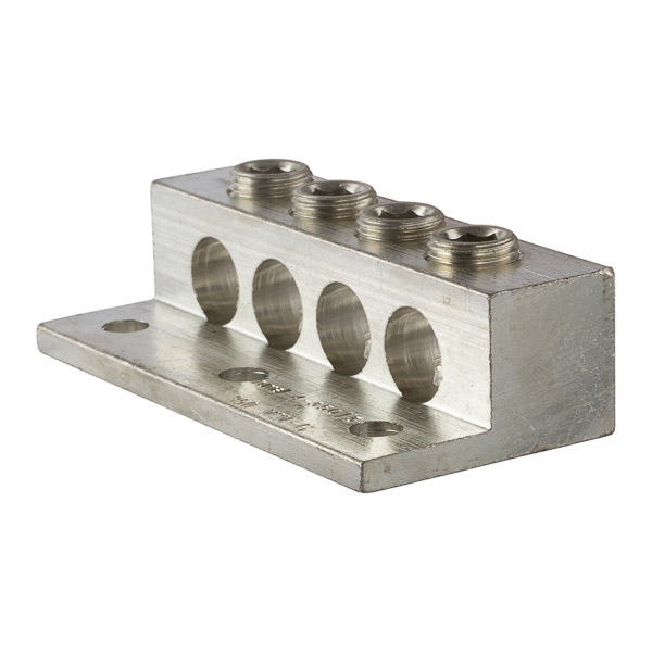 4 Port Dual Rated Transformer Lug 350 MCM - 6 AWG Aluminum Dual Rated Transformer Lugs are versatile and reuseable set screw connectors made of 6061T-6 aluminum alloy for superior electrical and mechanical performance. Two set screws per wire hole ensure an exceptional connection. Electro-tin plated for low resistance. For use with copper or aluminum conductors. Mounting hole spacing is NEMA 1-3/4