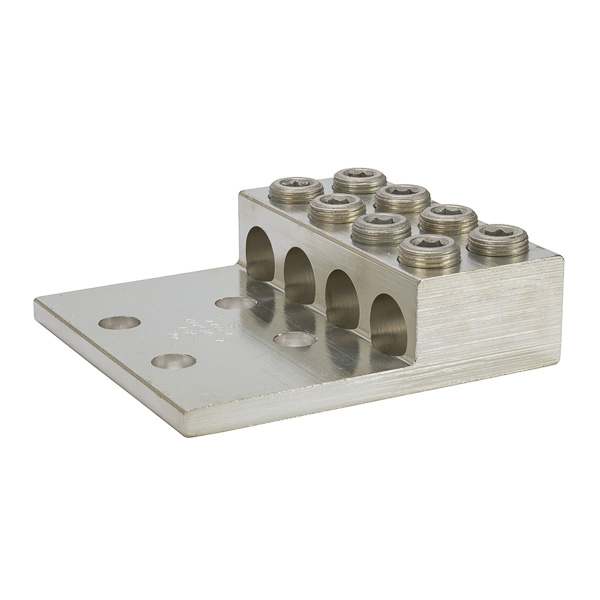 4 Port Heavy Duty Dual Rated Transformer Lug 600 MCM - 2 AWG Heavy Duty Dual Rated Transformer Lugs are versatile and reusable set screw connectors made from high strength 6061-T6 aluminum alloy for superior electrical and mechanical performance. Two set screws per wire hole ensure an exceptional connection. Electro-tin plated for low contact resistance. For use with copper or aluminum conductors. Mounting hole spacing is NEMA 1-3/4