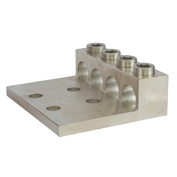 4 Port Panelboard Lug 800 MCM - 350 MCM Large size set screw connectors with multiple mounting holes for a secure, turn-prevent connection. Made of 6061T-6 aluminum alloy. Tin plated for low contact resistance. For use with copper or aluminum conductors. 600V (2000V max, per UL486B). UL 486A/B Listed. Temperature rating 90 degrees C. All hole spacing is NEMA standard of 1.75