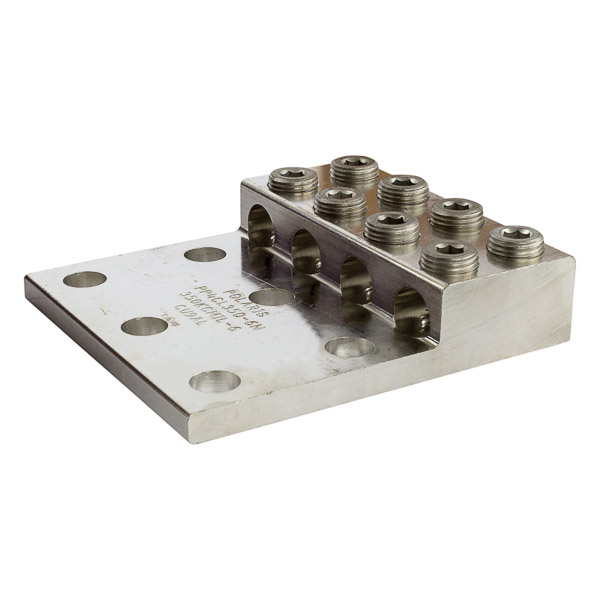 4 Port Heavy Duty Dual Rated Transformer Lug 800 MCM - 300 MCM Heavy Duty Dual Rated Transformer Lugs are versatile and reusable set screw connectors made from high strength 6061-T6 aluminum alloy for superior electrical and mechanical performance. Two set screws per wire hole ensure an exceptional connection. Electro-tin plated for low contact resistance. For use with copper or aluminum conductors. Mounting hole spacing is NEMA 1-3/4