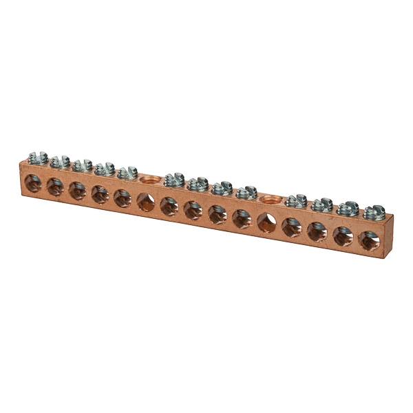 Copper Multiple Connector 15 Hole 4-14 AWG Copper multiple connectors are made copper and can be used ina variety of neutral and grounding applications.Tin plated forlow contact resistance and are suitable foruse with copper wire only.