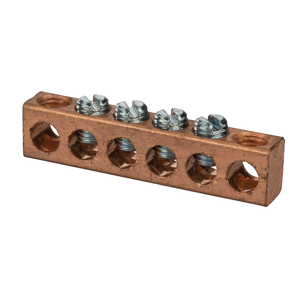 Copper Multiple Connector 4-14 AWG 6 Hole Copper multiple connectors are made copper and can be used ina variety of neutral and grounding applications.Tin plated forlow contact resistance and are suitable foruse with copper wire only.