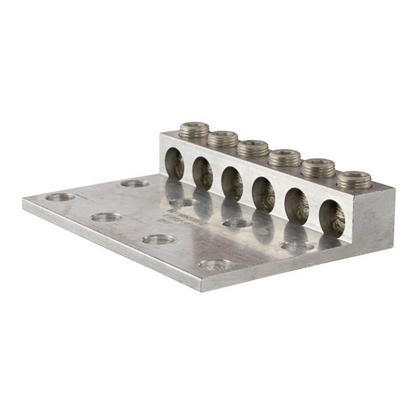 6 Port 8 Mounting Hole Aluminum Dual Rated Transformer Lug 350 MCM - 6 AWG Aluminum Dual Rated Transformer Lugs are versatile and reuseable set screw connectors made of 6061T-6 aluminum alloy for superior electrical and mechanical performance. Two set screws per wire hole ensure an exceptional connection. Electro-tin plated for low resistance. For use with copper or aluminum conductors. Mounting hole spacing is NEMA 1-3/4
