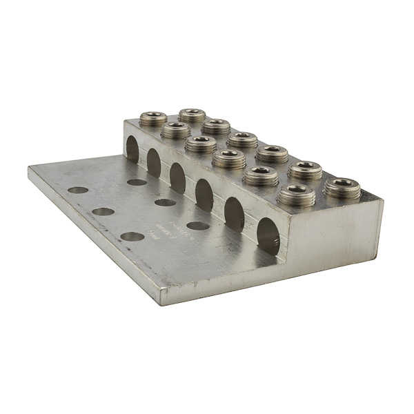 6 Port Heavy Duty Dual Rated Transformer Lug 600 MCM - 2 AWG Heavy Duty Dual Rated Transformer Lugs are versatile and reusable set screw connectors made from high strength 6061-T6 aluminum alloy for superior electrical and mechanical performance. Two set screws per wire hole ensure an exceptional connection. Electro-tin plated for low contact resistance. For use with copper or aluminum conductors. Mounting hole spacing is NEMA 1-3/4