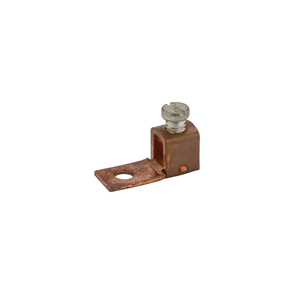 Single Copper Lug 6-14 AWG Copper connector made from tubular copper. Steel Screw. Suitable for use with copper wire only. 600V (2000V max. per UL486B). Ul 486A/B Listed Wire Connector. Temperature rating 90 degrees C.