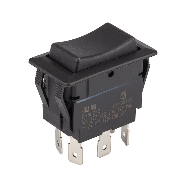 Product image for NSI 77060RQ 20 Amp at 125 VAC 10 Amp at 250 VAC Black Thermoplastic On-Off-On DPDT Maintained Non-Lighted Rocker Switch