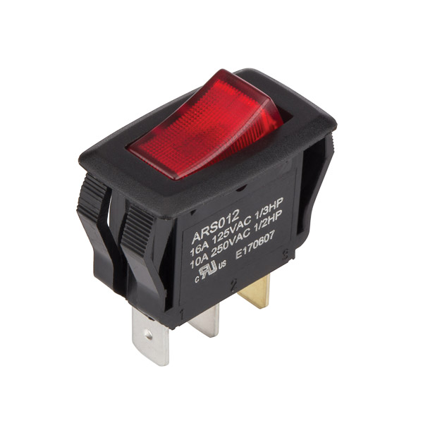 ON OFF - SPST - Red Lamp QuikConnect Rocker Switch Red Lamp QuikConnect Rocker switches are made of black phenolic bases with a black snap-in bexel and nylon actuator. They are SPST with an on off maintained function.