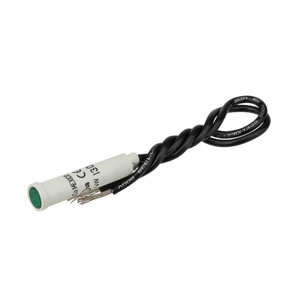Green Press In Indicator Light - White Bezel High quality indicator lights are made of nylon with polycarbonate lens material and neon lamps. 125-Volt rated. Connection with 6 inch wire leads.