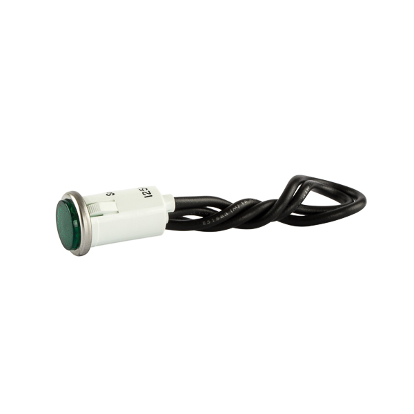 Green Press In Indicator Light Stainless Bezel High quality indicator lights are made of nylon with polycarbonate lens material and neon lamps. 125-Volt rated. Connection with 6 inch wire leads.