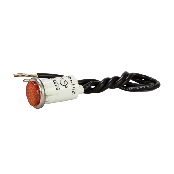 Amber Press In Indicator Light Stainless Bezel High quality indicator lights are made of nylon with polycarbonate lens material and neon lamps. 125-Volt rated. Connection with 6 inch wire leads.