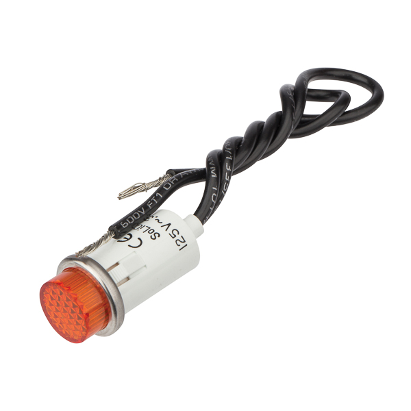 Amber Press In Indicator Light - Stainless Bezel High quality indicator lights are made of nylon with polycarbonate lens material and neon lamps. 125-Volt rated. Connection with 6 inch wire leads.