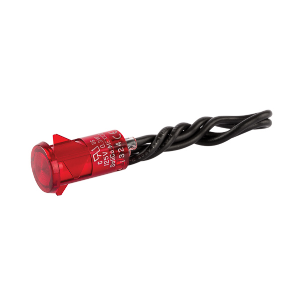 Red Snap In Indicator Light - No Bezel High quality indicator lights are made of nylon with polycarbonate lens material and neon lamps. 125-Volt rated. Connection with 6 inch wire leads.