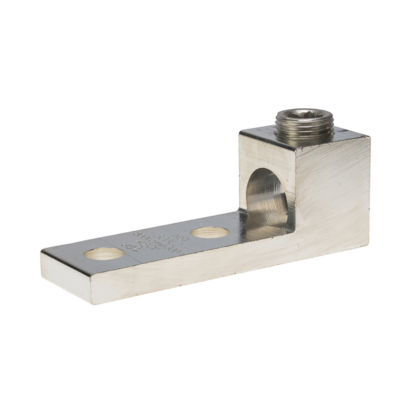 1 Port Panelboard Lug 800 MCM - 350 MCM Panelboard style for multi-conductor with NEMA mounting hole spacing for turn prevent and secureness. Made of 6061T-6 aluminum alloy. Electro-tin plated for low contact resistance. For use with copper or aluminum conductors. Rated 600 volts (2000V max per UL486B). UL 486A/B Listed. Temperature rating 90 degrees C. All hole spacing is NEMA standard of 1.750