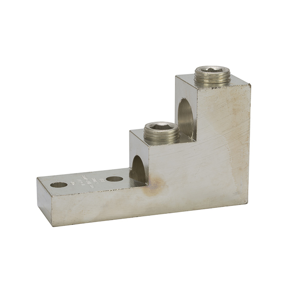 2 Port Stacked Lug 800 - 300 MCM Stacked Lugs are large size set screw connectors with wire holes stacked on top of each other to minimize the width of the connector. Made of 6061T-6 aluminum alloy. Tin plated for low contact resistance. Suitable for use with both copper and aluminum conductors. Rated 600 volts (2000V max. per UL486B). UL486A/B Listed. Temperature rating 90 degrees C. Mounting hole spacing is NEMA standard of 1.75