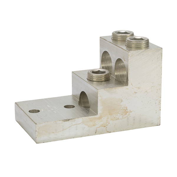 3 Port Stacked Lug 800 - 300 MCM Stacked Lugs are large size set screw connectors with wire holes stacked on top of each other to minimize the width of the connector. Made of 6061T-6 aluminum alloy. Tin plated for low contact resistance. Suitable for use with both copper and aluminum conductors. Rated 600 volts (2000V max. per UL486B). UL486A/B Listed. Temperature rating 90 degrees C. Mounting hole spacing is NEMA standard of 1.75