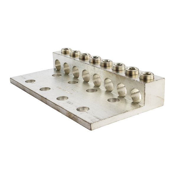 8 Port 8 Mounting Hole Aluminum Dual Rated Transformer Lug 350 MCM - 6 AWG Aluminum Dual Rated Transformer Lugs are versatile and reuseable set screw connectors made of 6061T-6 aluminum alloy for superior electrical and mechanical performance. Two set screws per wire hole ensure an exceptional connection. Electro-tin plated for low resistance. For use with copper or aluminum conductors. Mounting hole spacing is NEMA 1-3/4