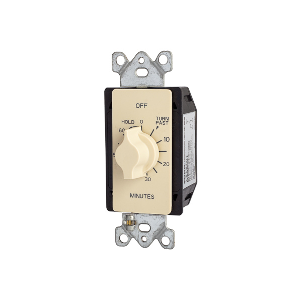 Tork 60 Min Twist Timer w/ Hold In-Wall Time Switch APPLICATIONS: Whole House Fans, Indoor/Outdoor Lighting, Bathroom Fans and Lights, Self Storage. FEATURES: COLOR: Ivory VARIABLE TIMING: Twist knob for time ON setting up to 60 minutes. HOLD FEATURE: Has position for constant ON (Hold). EASY SET : No adjustments. Just wire and go, EASY WIRING: No neutral required. Great for retrofit, Use as single or in multi-gang box with no de-rating. SWITCH TYPE: SPST WALL PLATE: Fits standard or decorator style wall plates, see below (not included).   CONTACT RATINGS: VOLTAGE: 125/250/277VAC 50/60Hz RESISTIVE: 125VAC Rating: 20A 250VAC Rating: 10A 277VAC Rating: 10A INDUCTIVE: 125VAC Rating: 20A 250VAC Rating: 10A 277VAC Rating: 10A TUNGSTEN: 125 VAC Rating: 7A MOTOR: 125VAC Rating: 1HP 250VAC Rating: 2HP CAUTION: This timer is not to be used in precision timing applications where inaccurate timing could have dangerous consequences (i.e. sun lamp, sauna, etc).