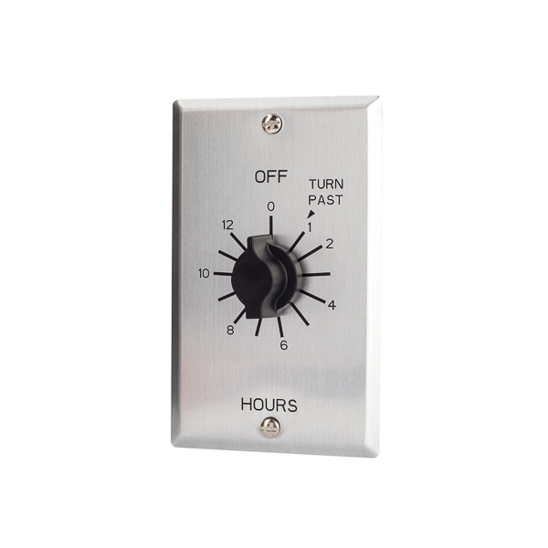 Tork 12 Hour Twist Timer No Hold - Metal Wallplate APPLICATIONS: Whole House Fans, Indoor/Outdoor Lighting, Bathroom Fans and Lights, Self Storage. FEATURES: COLOR: Brushed-metal aluminum. VARIABLE TIMING: Twist knob for time ON setting up to 6 hours HOLD FEATURE: No Hold on this model. EASY SET : No adjustments. Just wire and go, EASY WIRING: No neutral required. Great for retrofit, Use as single or in multi-gang box with no de-rating. SWITCH TYPE: DPST WALL PLATE: Includes real metal wall plate with screw mounting, to add extra security for commercial applications.   CONTACT RATINGS: VOLTAGE: 125/250/277VAC 50/60Hz RESISTIVE: 125VAC Rating: 20A 250VAC Rating: 10A 277VAC Rating: 10A INDUCTIVE: 125VAC Rating: 20A 250VAC Rating: 10A 277VAC Rating: 10A TUNGSTEN: 125 VAC Rating: 7A MOTOR: 125VAC Rating: 1HP 250VAC Rating: 2HP
