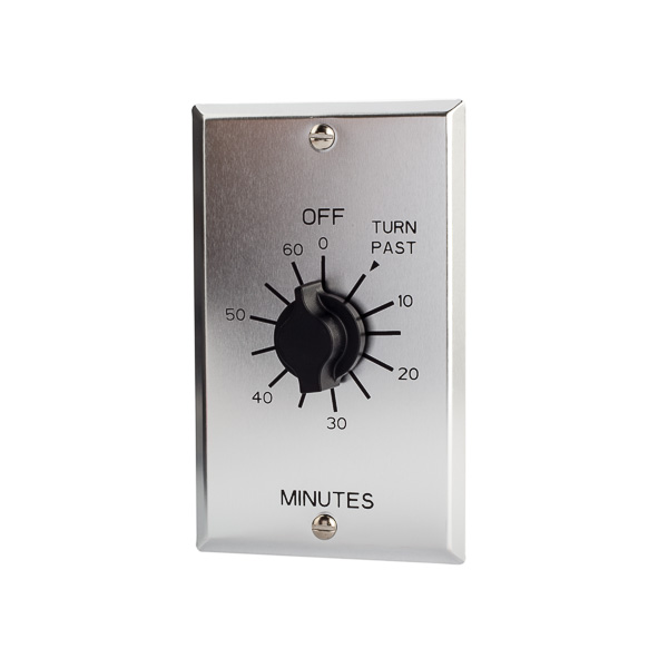 Tork 60 Min Twist Timer No Hold - Metal Wallplate APPLICATIONS: Whole House Fans, Indoor/Outdoor Lighting, Bathroom Fans and Lights, Self Storage. FEATURES: COLOR: Brushed-metal aluminum. VARIABLE TIMING: Twist knob for time ON setting up to 60 minutes. HOLD FEATURE: No hold on this model. EASY SET : No adjustments. Just wire and go, EASY WIRING: No neutral required. Great for retrofit, Use as single or in multi-gang box with no de-rating. SWITCH TYPE: DPST WALL PLATE: Includes real metal wall plate with screw mounting, to add extra security for commercial applications.   CONTACT RATINGS: VOLTAGE: 125/250/277VAC 50/60Hz RESISTIVE: 125VAC Rating: 20A 250VAC Rating: 10A 277VAC Rating: 10A INDUCTIVE: 125VAC Rating: 20A 250VAC Rating: 10A 277VAC Rating: 10A TUNGSTEN: 125 VAC Rating: 7A MOTOR: 125VAC Rating: 1HP 250VAC Rating: 2HP