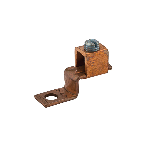 Copper Solderless Lug 2-8 AWG Made of 99.98 pure electrolytic copper. Steel-plated screws to prevent rusting. 25 to 70 ampere size have slotted head screws. Larger sizes have hex head screws. Rated 600 volts max. UL 486 Listed. Temperature rating 90 degrees C.
