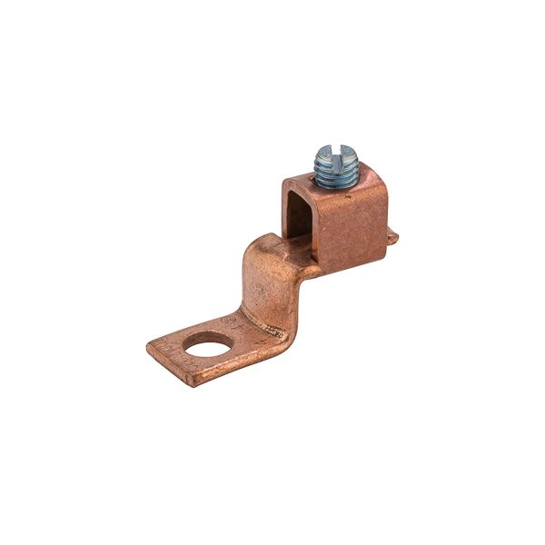 Copper Solderless Lug 4 - 14 AWG Made of 99.98 pure electrolytic copper. Steel-plated screws to prevent rusting. 25 to 70 ampere size have slotted head screws. Larger sizes have hex head screws. Rated 600 volts max. UL 486 Listed. Temperature rating 90 degrees C.
