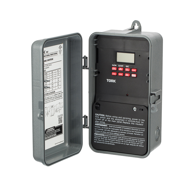 Tork 24 Hour 1 Channel DPDT Digital Time Switch with Skip-A-Day APPLICATIONS: Signaling Duty Cycle FEATURES: INPUT SUPPLY: 120-277 VAC 50/60Hz INPUT VOLTAGE: 12-277 VAC 50/60Hz OUTPUT DRY CONTACTS: DPDT NO. OF CHANNELS: 1 Channel SCHEDULING: 56 ON/OFF set points provide individual daily programs. Minimum Setting 1 minute. DUTY CYCLE: Two different ON/OFF patterns or signal durations may be programmed. The durations can be up to 23 hours, 59 minutes and 59 seconds in length. SKIP FUNCTION: Each channel can be set for ACTIVE/SKIP operations that alternate from 1-31 days. This becomes an effective way to cycle loads on varying days within the month. DAYLIGHT SAVINGS: Automatic adjustment (can be omitted) LEAP YEAR: Automatic Compensation MANUAL OVERRIDE: Until the next regularly scheduled ON or OFF, automatic operation then resumes. CLOCK FORMAT: AM/PM or 24 hour. POWER OUTAGE BACKUP: Permanent schedule retention. Super-capacitor provides 4 days of real time backup. ENCLOSURE: Plastic Indoor/Outdoor NEMA 3R with lockable hasp. BRAND EQUIVALENT: Paragon EC11 UPC: 786261822062 CONTACT RATINGS: GENERAL PURPOSE: 24-277VAC. Rating NO: 40A NC: 10A BALLAST: 120VAC. Rating NO: 20A NC: 10A 277VAC. Rating NO: 20A NC: 10A TUNGSTEN: 120VAC. Rating NO: 15A PILOT DUTY: 120VAC. Rating NO: 720VA NC: 290VA 240VAC. Rating NO: 720VA NC: 290VA MOTOR LOAD: 120VAC. Rating NO: 1HP NC: 1/4HP 240VAC. Rating NO: 2 HP NC: 1/2HP RESISTIVE: 28VDC. Rating NO: 20A NC: 10A