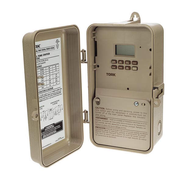 Tork 365/7 Day 2 Channel SPDT Digital Time Switch APPLICATIONS: Indoor/Outdoor Lighting HVAC Equipment School Warning and Other Traffic Lights Water Heaters in Offices, Churches and Factories FEATURES: TIMING ACCURACY: Line Frequency INPUT VOLTAGE: 120-277 50/60Hz DRY CONTACTS: SPDT TERMINAL RANGE: #14-#18AWG OPERATING TEMPERATURE: -31 degrees to +131 degrees F (-35 degrees to 55 degrees C) POWER CONSUMPTION: 6VA Max SCHEDULING: 56 ON & OFF set points provide individual programs for each day of the week. Minimum setting is 1 minute. BLOCK HOLIDAY: 9 holiday blocks can be set for individual days or for duration of any number of days. DAYLIGHT SAVINGS: Automatic adjustment (can be omitted). LEAP YEAR: Automatic compensation. MANUAL OVERRIDE: Until the next regularly scheduled ON or OFF, automatic operation then resumes. CLOCK FORMAT: AM/PM or Military time. POWER OUTAGE BACKUP: Permanent schedule retention. Super-capacitor provides 7 days of real time backup. ENCLOSURE: Noryl Indoor/Outdoor NEMA 3R with lockable hasp. BRAND EQUIVALENT: Paragon EL7200PC/208-240  UPC: 786261822093 CONTACT RATINGS: GENERAL PURPOSE: 24-277VAC. Contact Rating NO: 20A NC: 10A BALLAST: 120VAC. Contact Rating NO: 20A NC: 10A 277VAC. Contact Rating NO: 20A NC: 10A TUNGSTEN: 120VAC. Contact Rating NO: 15A PILOT DUTY: 120VAC. Contact Rating NO: 720VA NC: 290VA 240VAC. Contact Rating NO: 720VA NC: 360VA MOTOR LOAD: 120VAC. Contact Rating NO: 1HP NC: 1/4HP 240VAC. Contact Rating NO: 2HP NC: 1/2HP RESISTIVE: 28VDC. Contact Rating NO: 20A NC: 10A