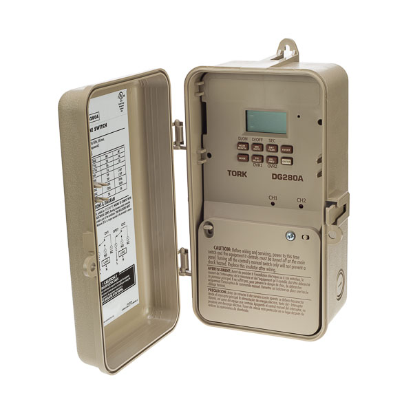 Tork 24 Hour 2 Channel SPDT Digital Time Switch with Skip-A-Day APPLICATIONS: Signaling Duty Cycle FEATURES: INPUT SUPPLY: 120-277 VAC 50/60Hz INPUT VOLTAGE: 120-277 VAC 50/60Hz OUTPUT DRY CONTACTS: SPDT NO. OF CHANNELS: 2 Channel SCHEDULING: 56 ON/OFF set points provide individual daily programs. Minimum Setting 1 minute. DUTY CYCLE: Two different ON/OFF patterns or signal durations may be programmed. The durations can be up to 23 hours, 59 minutes and 59 seconds in length. SKIP FUNCTION: Each channel can be set for ACTIVE/SKIP operations that alternate from 1-31 days. This becomes an effective way to cycle loads on varying days within the month. Using this time clock, two loads can be set to operate on alternate days in a simple manner. DAYLIGHT SAVINGS: Automatic adjustment (can be omitted) LEAP YEAR: Automatic Compensation MANUAL OVERRIDE: Until the next regularly scheduled ON or OFF, automatic operation then resumes. CLOCK FORMAT: AM/PM or 24 hour. POWER OUTAGE BACKUP: Permanent schedule retention. Super-capacitor provides 4 days of real time backup. ENCLOSURE: Plastic Indoor/Outdoor NEMA 3R with lockable hasp.  UPC: 786261822079 CONTACT RATINGS: GENERAL PURPOSE: 24-277VAC. Rating NO: 40A NC: 10A BALLAST: 120VAC. Rating NO: 20A NC: 10A 277VAC. Rating NO: 20A NC: 10A TUNGSTEN: 120VAC. Rating NO: 15A PILOT DUTY: 120VAC. Rating NO: 720VA NC: 290VA 240VAC. Rating NO: 720VA NC: 290VA MOTOR LOAD: 120VAC. Rating NO: 1HP NC: 1/4HP 240VAC. Rating NO: 2 HP NC: 1/2HP RESISTIVE: 28VDC. Rating NO: 20A NC: 10A