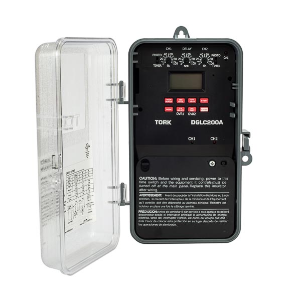 Tork 7 Day 2 Channel SPDT Lighting Control with Photocontrol APPLICATIONS: INTERIOR LIGHTING: Open Office Zoning, Hallways, Meeting and Sales Areas, Stock Rooms and Warehouses EXTERIOR LIGHTING: Signage and Store Windows, Security, Parking Lots FEATURES: INPUT VOLTAGE: 120-277VAC, 50/60Hz OUTPUT CONTACTS: S PDT Momentary NO. OF CHANNELS: 2 Channel TERMINAL RANGE: #12 - #18 AWG for line input #12 - #18 AWG for load output #18 - #26 AWG sensor/switch input POWER CONSUMPTION: 6VA Maximum OPERATING TEMPERATURE: - 31 degrees to 131 degrees F (-35 degrees C to +55 degrees C) SCHEDULING: 56 ON & OFF set points provide individual programs for each day of the week. Minimum setting is 1 minute. PHOTOSENSOR INPUT: Unique push button set-up assures accurate operation with automatic calibration that adjusts for wire size and distance. LIGHT LEVEL ACTIVATION: Turn ON is user settable from 1 to 100 footcandle- Turn OFF is a maximum of 2 times turn ON level. Each channel has an independent setting. Includes a user settable delay before ON or OFF between 1-90 seconds. REMOTE OVERRIDE ON: Each channel has independent input for a maintained dry-contact closure. May use with occupancy sensor as override. MANUAL OVERRIDE: Until the next regularly scheduled ON or OFF, automatic operation then resumes. BLOCK HOLIDAY: 9 holiday blocks can be set for individual days or for duration of any number of days. DAYLIGHT SAVINGS: Automatic adjustment (can be omitted). LEAP YEAR: Automatic compensation. REMOTE OVERRIDE: Universal input may be programmed for timed override from a momentary or maintained dry contact switch. CLOCK FORMAT: AM/PM or 24 hour format. POWER OUTAGE BACKUP: Permanent schedule retention. Supercapacitor provides 7 days of real time backup. ENCLOSURE: Noryl Indoor/Outdoor NEMA 3R w/ Clear Cover MANUFACTURER: Tork, UPC: 786261822130 CONTACT RATINGS: RESISTIVE: 24-277 VAC NO: 20A NC: 10A BALLAST: 120 VAC NO: 20A NC: 10A 277 VAC NO: 20A NC: 10A TUNGSTEN: 120 VAC NO: 15A PILOT DUTY: 120 VAC NO: 720VA NC: 290VA 240 VAC NO: 720VA NC: 360VA MOTOR: 120 VAC NC: 1HP NC: 1/4HP 240 VAC NO: 2HP NC: 1/2HP